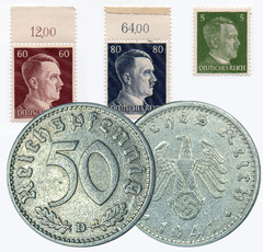 1073 - TERCEIRO REICH - Três selos + Moeda 50 reichspfennig, 1941 D - Munique