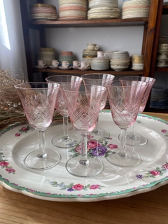 8 copas rosadas para vino vidrio tallado