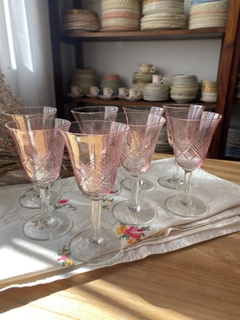 8 copas rosadas para vino vidrio tallado - comprar online