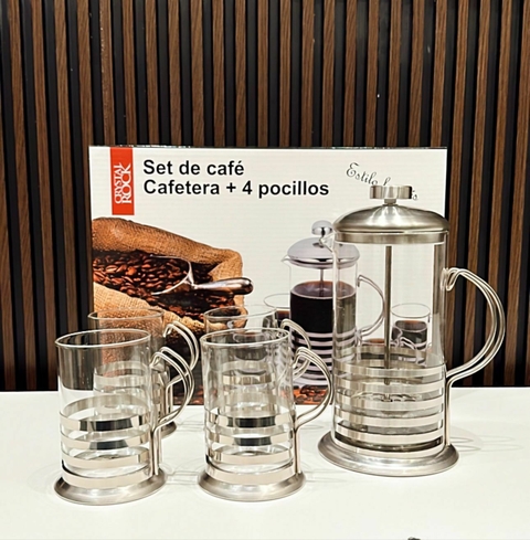 Set Cafetera con émbolo + 4 jarros vidrio acero