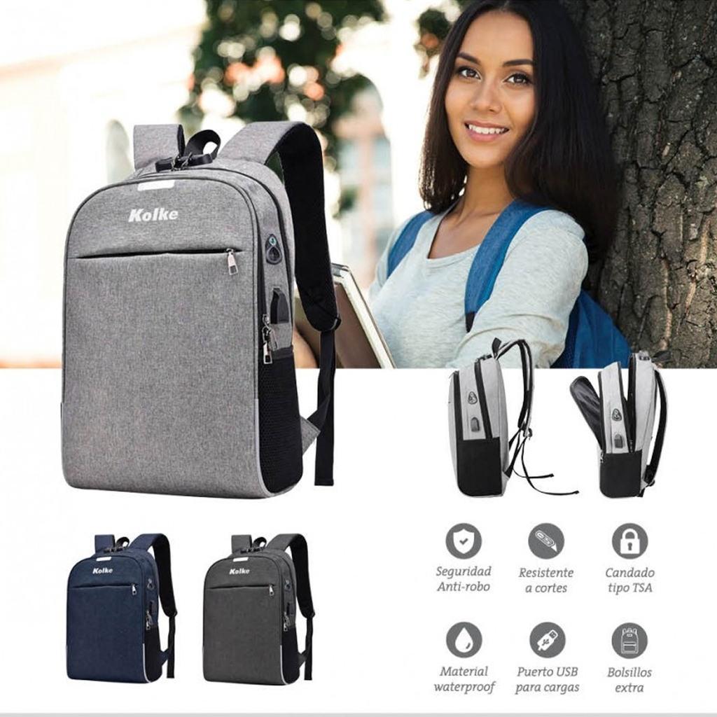 MOCHILA NOTEBOOK GRIS CLARO ANTIRROBO 15.6 USB JACK3.5 CANDADO WATERPROOF KOLKE KVM 339