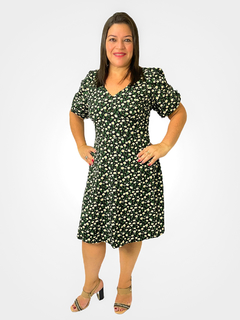 VESTIDO CURTO FLORAL COM MANGA BUFANTE - PRETO - comprar online