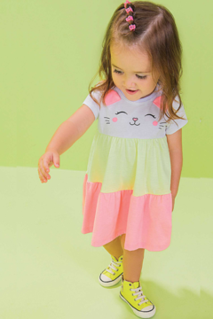 Vestido Infantil em Meia Malha Kukie Neon Amarelo e Rosa