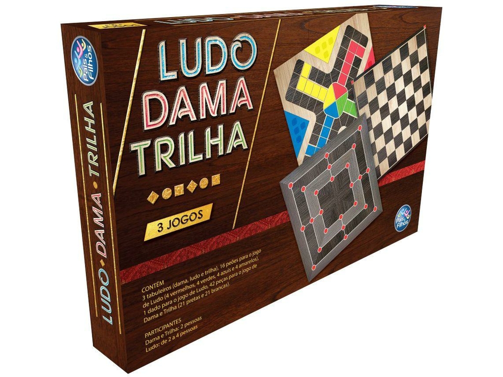 Jogo de dama, ludo e trilha em madeira 3 em 1