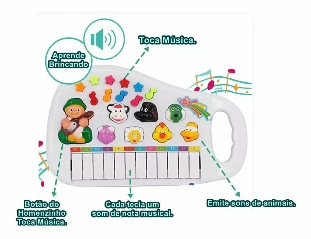 Teclado Musical Infantil com Bateria, Luzes e Som de Animais