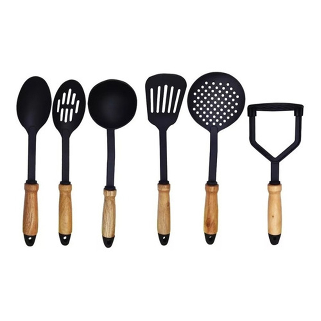Set de 6 utensilios de cocina de silicona con mango de madera