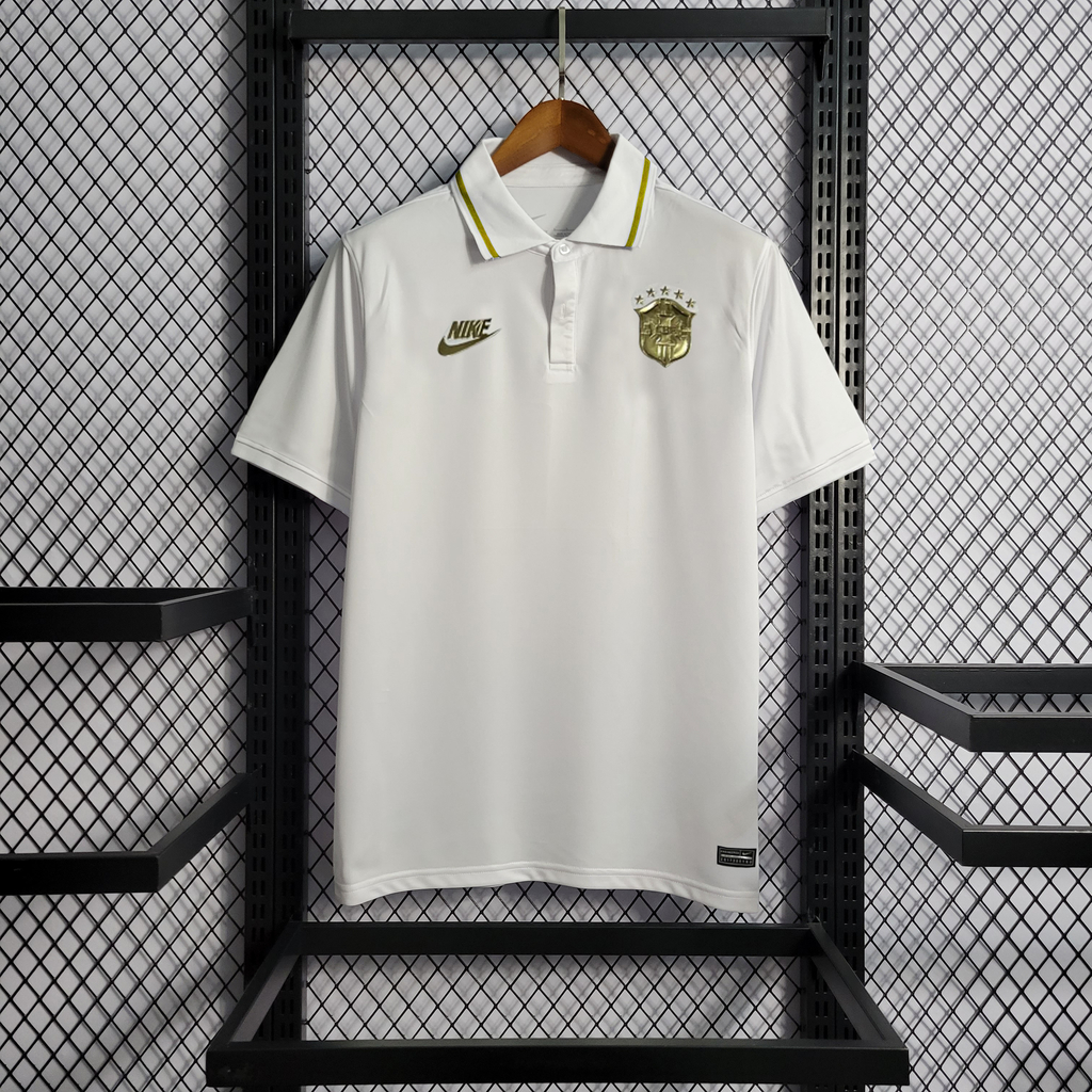 Camisa Gola Polo Seleção Brasileira 2022 Masculina - Branco e Dourado