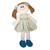 Boneca de pano Olívia com vestido branco florido de azul, saia rodada e laços no cabelo (média)