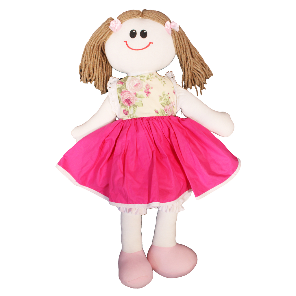 Boneca de pano Olívia com vestido pink de corpete florido, saia rodada e  laços no cabelo (