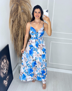 VESTIDO LOGO EM CREPE FLORIDO AZUL