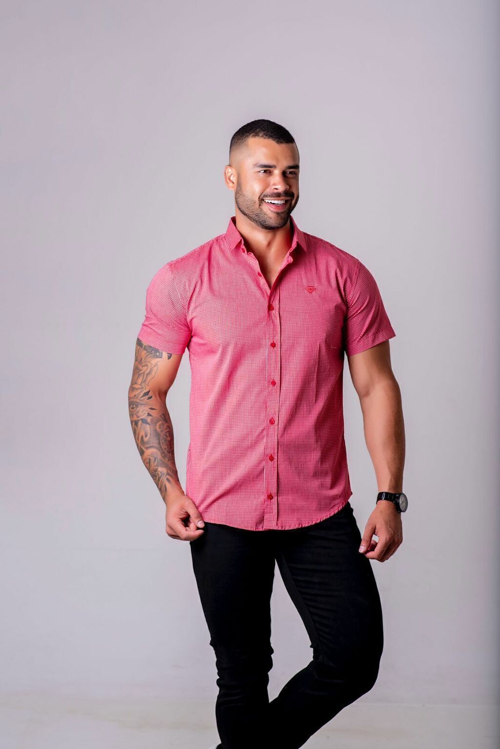 Camisa Social Volar Manga Curta Slim Fit Lisa Xadrez Premium Festa