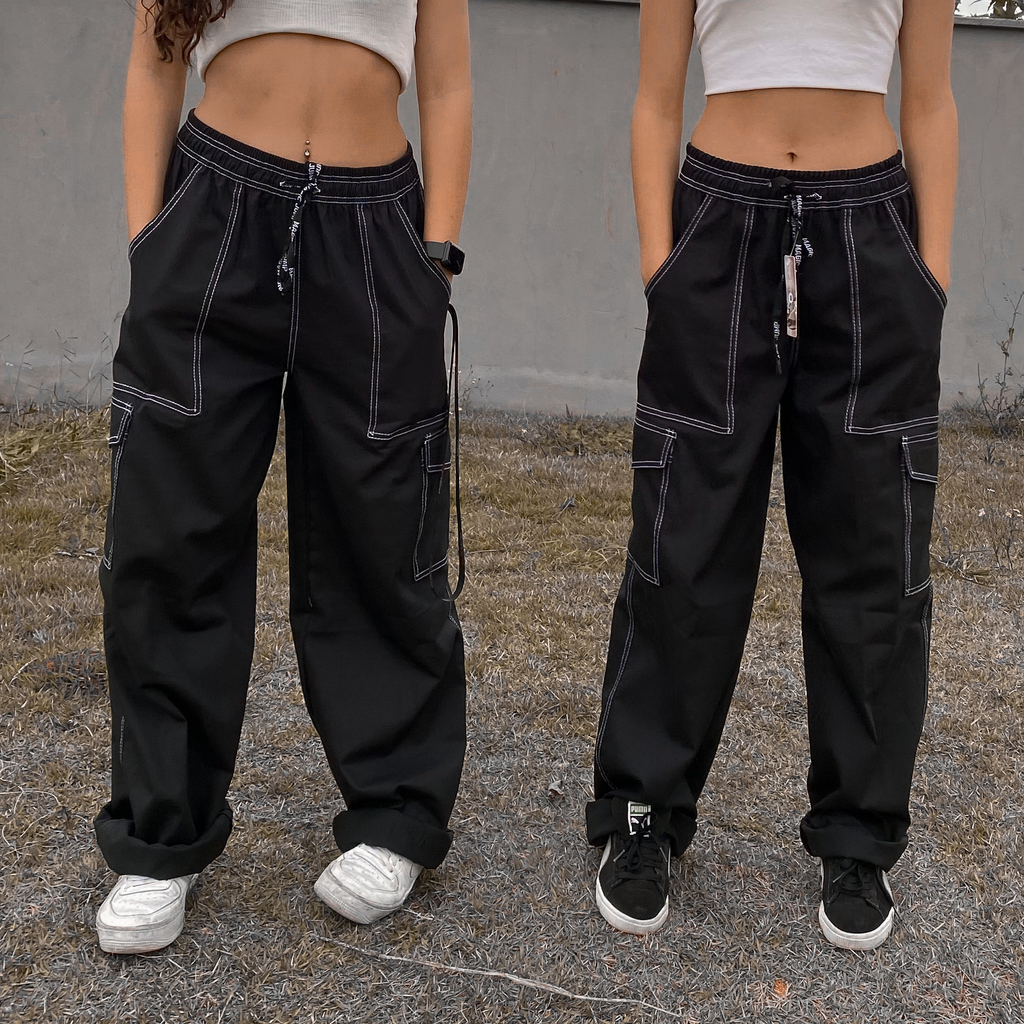 Calça preta com cheap costura branca