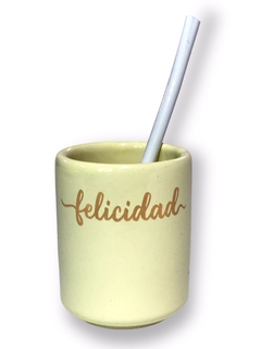 Mate vasito de ceramica frases tonos pastel con bombilla de regalo