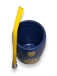 Imagen de Mate plastico de Boca Juniors con bombilla de resorte y packaging