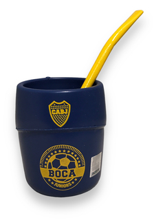 Mate plastico de Boca Juniors con bombilla de resorte y packaging - tienda online