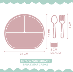 PLATO TRIPLE CON SOPAPA ANTIDESLIZANTE + CUBIERTOS (COLOR ROSA) - tienda online