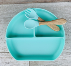 PLATO TRIPLE CON SOPAPA ANTIDESLIZANTE + CUBIERTOS (COLOR AQUA) - comprar online