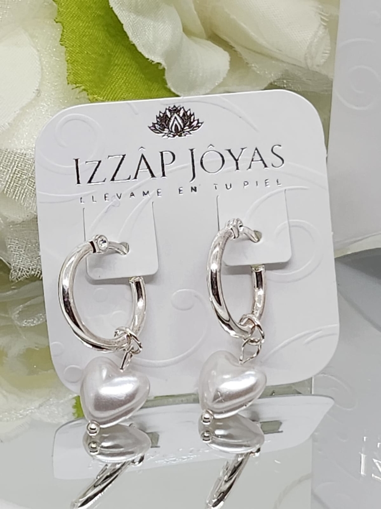 Aros Argollas Cierre Italiano Corazon Perla Acero Blanco