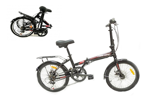Bicicleta plegable Fire Bird R20 6v frenos a disco, cambio Shimano color  negro con pie de apoyo