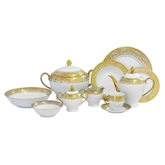 Jogo De Jantar 81 Pçs Porcelana Off White Florais Ouro