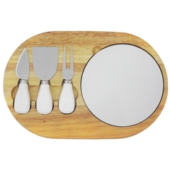 Kit 05 Peças Utensílios E Tabua Oval Para Queijo