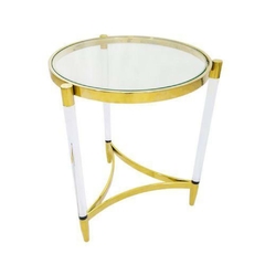 Mesa Canto Redonda Moderna Metal Dourado T Vidro Base Triangular