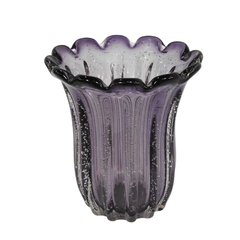 Vaso Cristal Murano Violeta Bolhas Incolor Ondulada Luxo