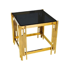 Mesa Auxiliar Metal Dourado Moderno Vidro Preto