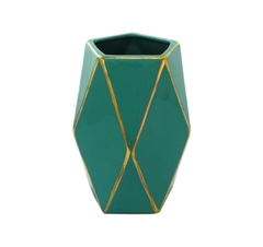 Vaso Moderno Menor Geométrico Ceramica Verde E Dourado