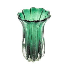 Vaso Murano Cristal Verde Finos Ondulados Alto Design