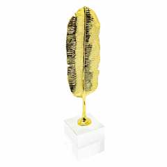 Escultura Decorativa Folha Dourado Maior Metal Base Cristal