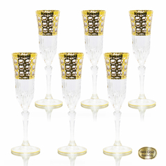 Conj Taças Champagne Cristal Italiano Lapidado Ouro Prensado Circulos Fino Design