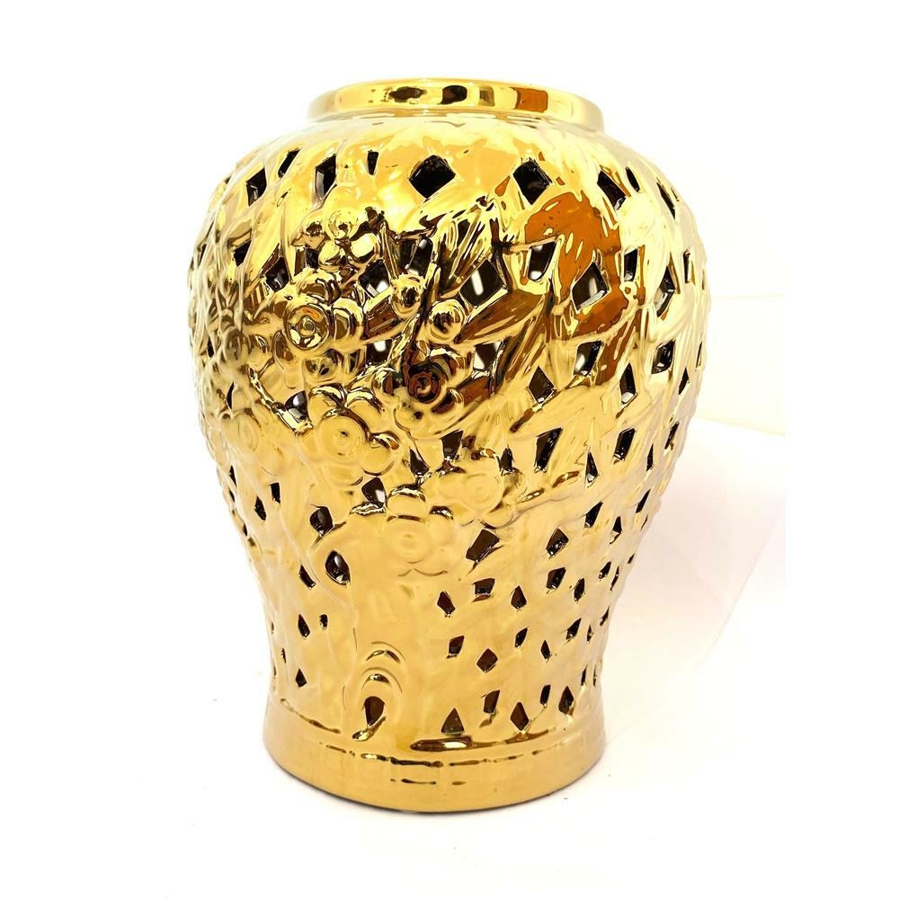 Vaso Ceramica Dourada Bojudo Vazados Decorativos Detalhes