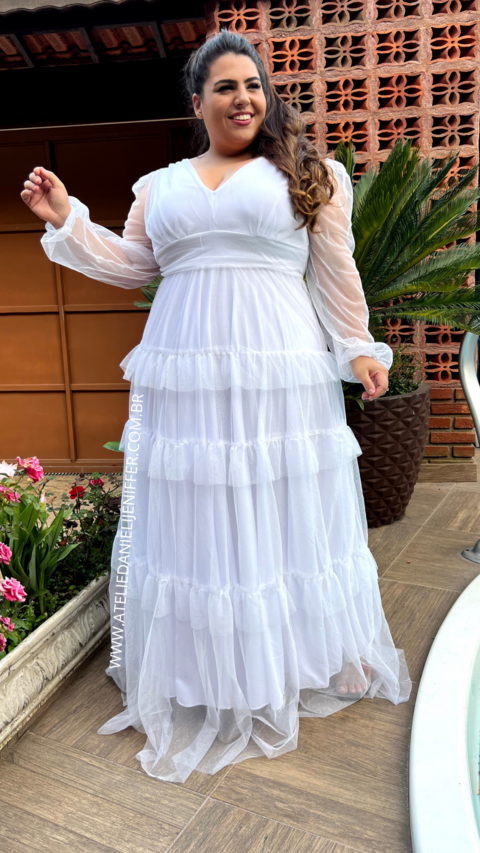 Vestido Longo Manga Longa Três Marias Branco Plus Size