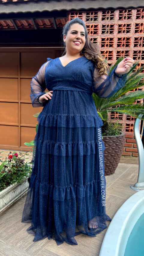 Vestido Longo Manga Longa Três María Azul Marinho Plus Size