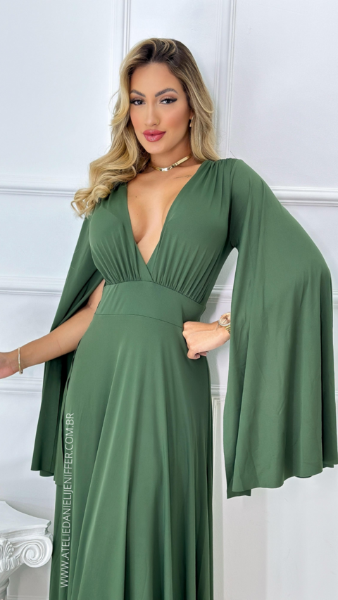 Vestido Longo Antonella Verde Oliva Manga Capa