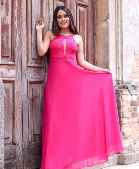 Vestido Longo Rosa Pink Chiclete Com Decote Nicole