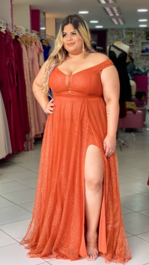 Vestido Ombro A Ombro Terracota Com Fenda Isabelly