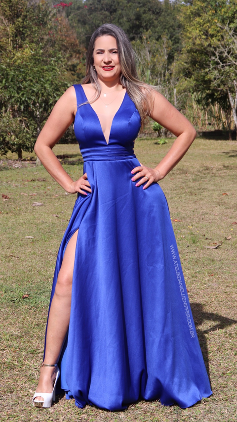 Vestido Longo Azul Royal Com Fenda Luana