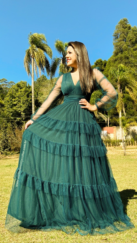 Vestido longo Verde três marias de manga longa