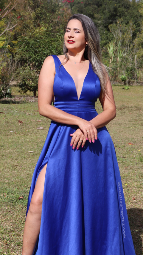 Vestido Longo Azul Royal Com Fenda Luana