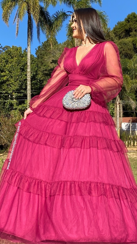 Vestido longo Fucsia três marias de manga longa