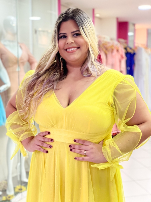 Vestido amarelo sales madrinha plus size
