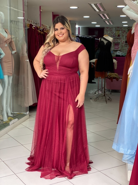 Vestido Ombro A Ombro Marsala Com Fenda Isabelly