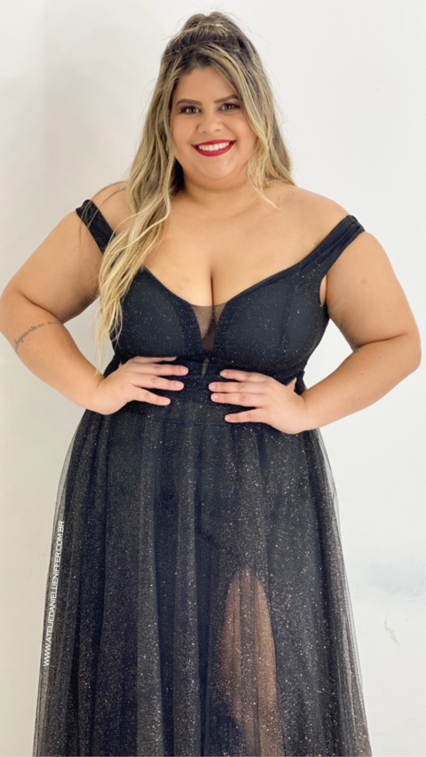 Vestido Longo Preto Ombro A Ombro Com Fenda Isabelly