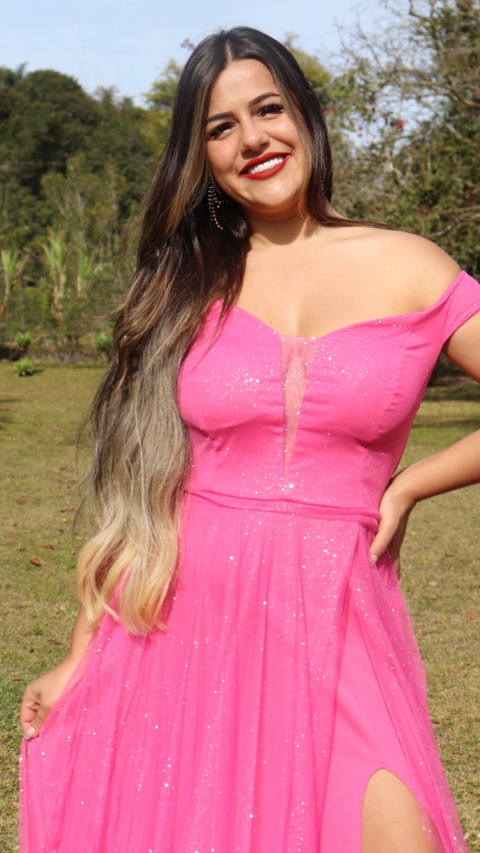 Vestido Longo Rosa Ombro A Ombro Com Fenda Isabelly