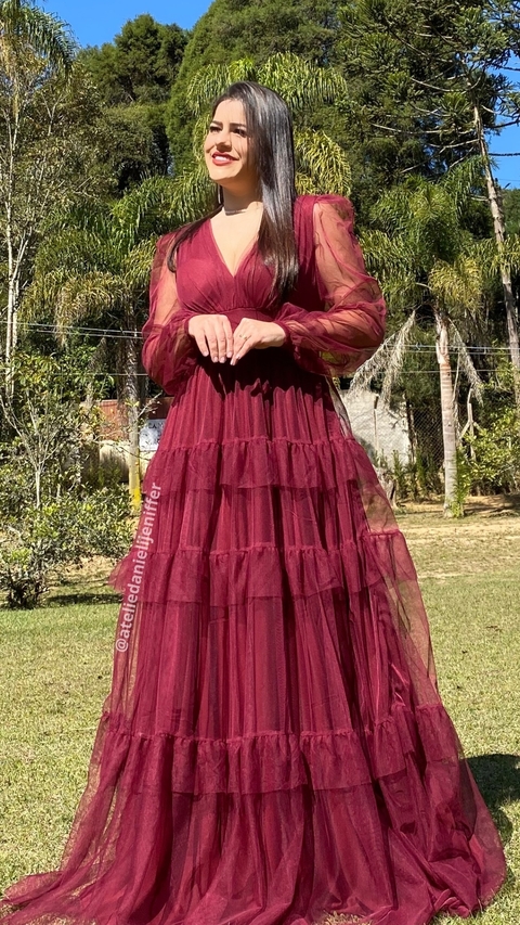 Vestido longo marsala três marias de manga longa se