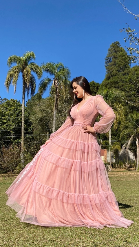 Vestido Longo Rose três marias de manga longa