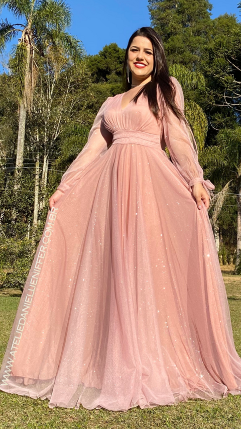 Vestido Longo De Manga Longa Rose Laço