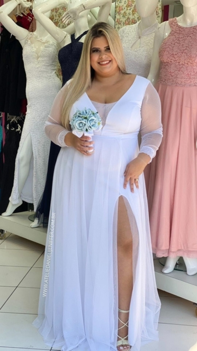 Vestido Carol Branco Manga Longa Com Fenda